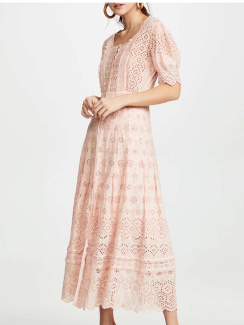 LOVESHACKFANCY Helena Eyelet Midi Cotton Floral Dress In Pink Parfait, Size 6